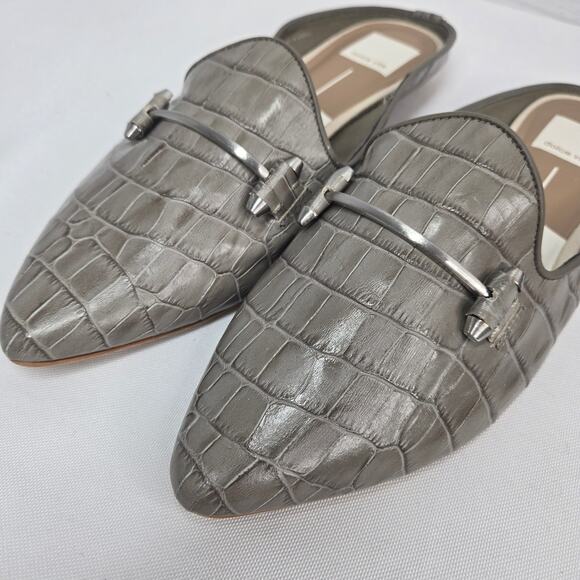 Dolce Vita Gram Mule Slides Gray Horsebit 8.5 Croc Embossed Leather Flats - Picture 2 of 10